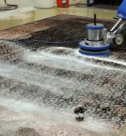 Professional rug cleaning with a rotary floor machine and shampoo foam, deep-cleaning an area rug Cedar Rapids, IA.
